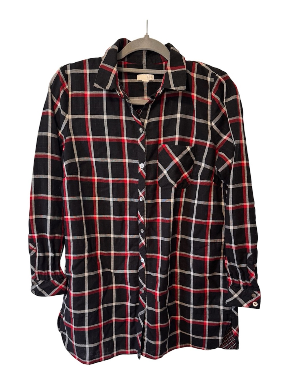 J Jill Woman’s Black Red Plaid Button Down Size Medium- Based on Measurements